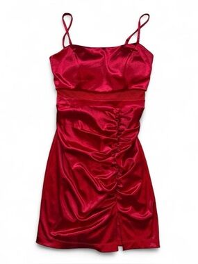 Red Satin Mini Dress With Little Ruching & Adjustable Strap
